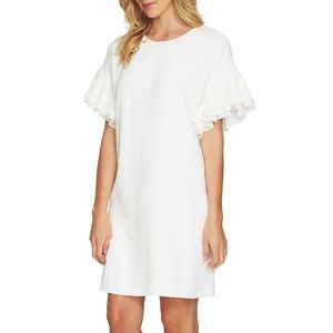 Cece Antique White Moss Crepe Tiered Pleated-Sleeve Shift Dress